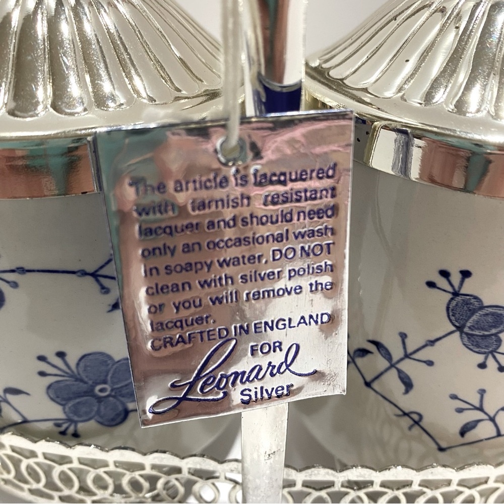 VTG Leonard Silver Sheffield England Condiment Set Blue & White w/Spoons & Stand - Picture 2 of 11